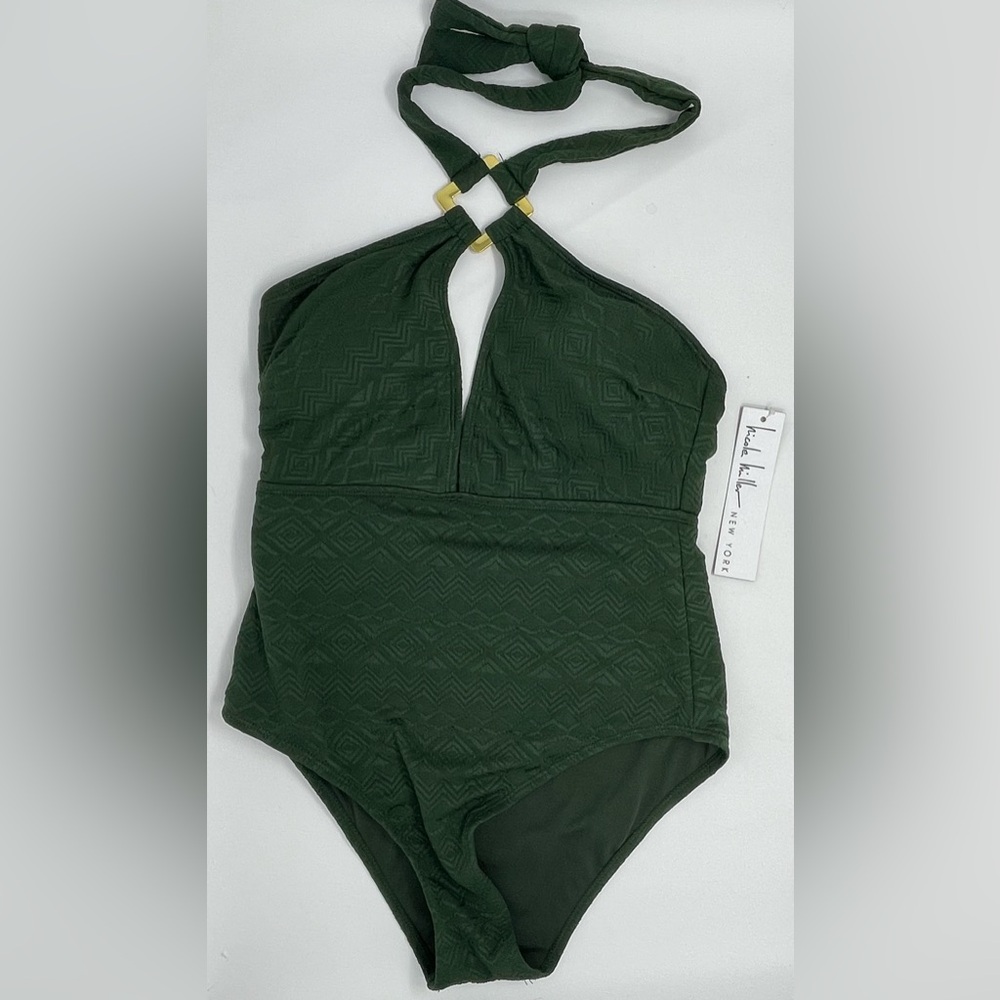 NICOLE MILLER: Swimsuit. One-Piece, High Neck, Square Trim in Kombc Green. NEW